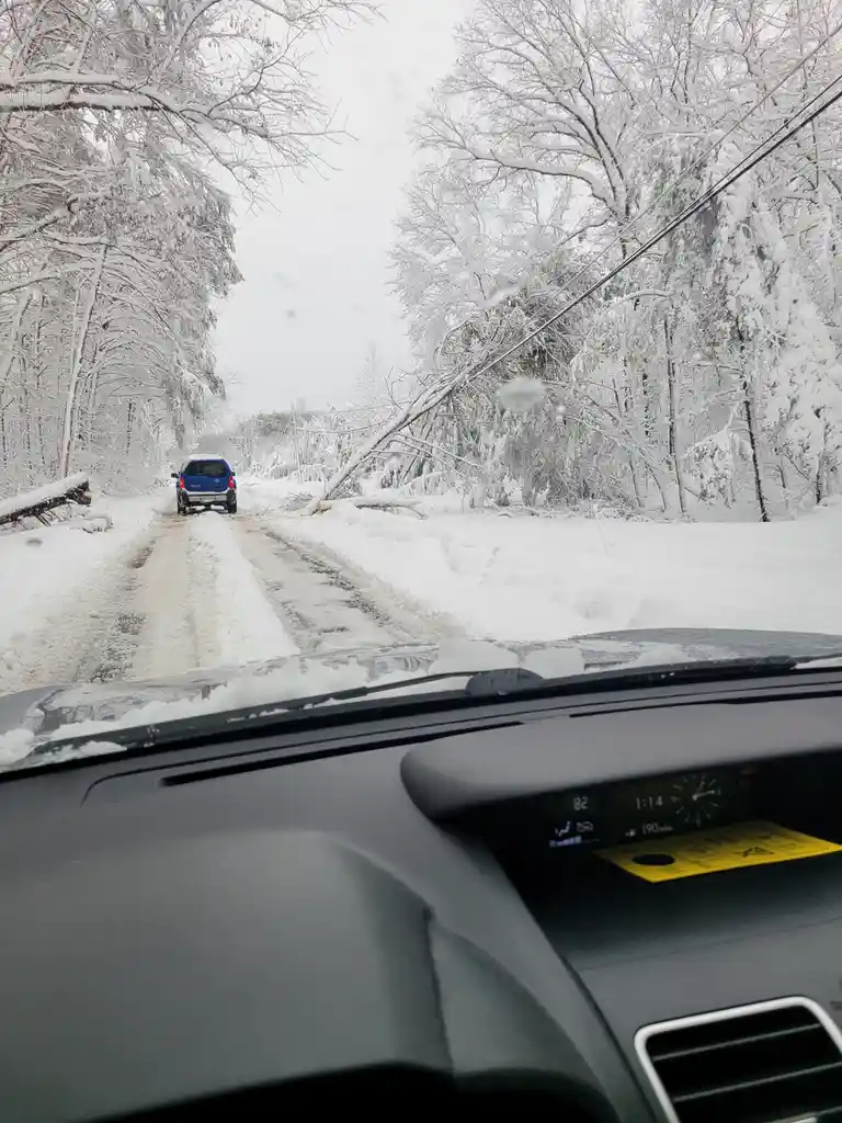 A point-of-view shot from inside a car shows a snowy, tree-lined road with a blue SUV ahead. The road is partially cleared…