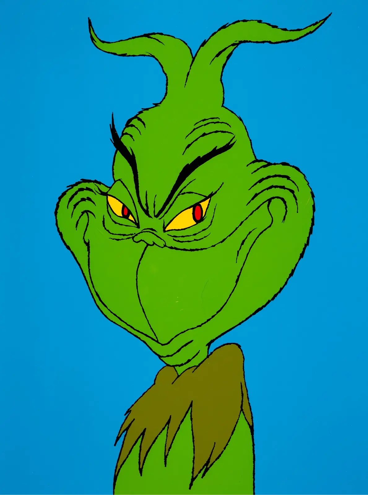 A close-up illustration of the green, grumpy cartoon character known as the Grinch, featuring his angry yellow eyes with red…