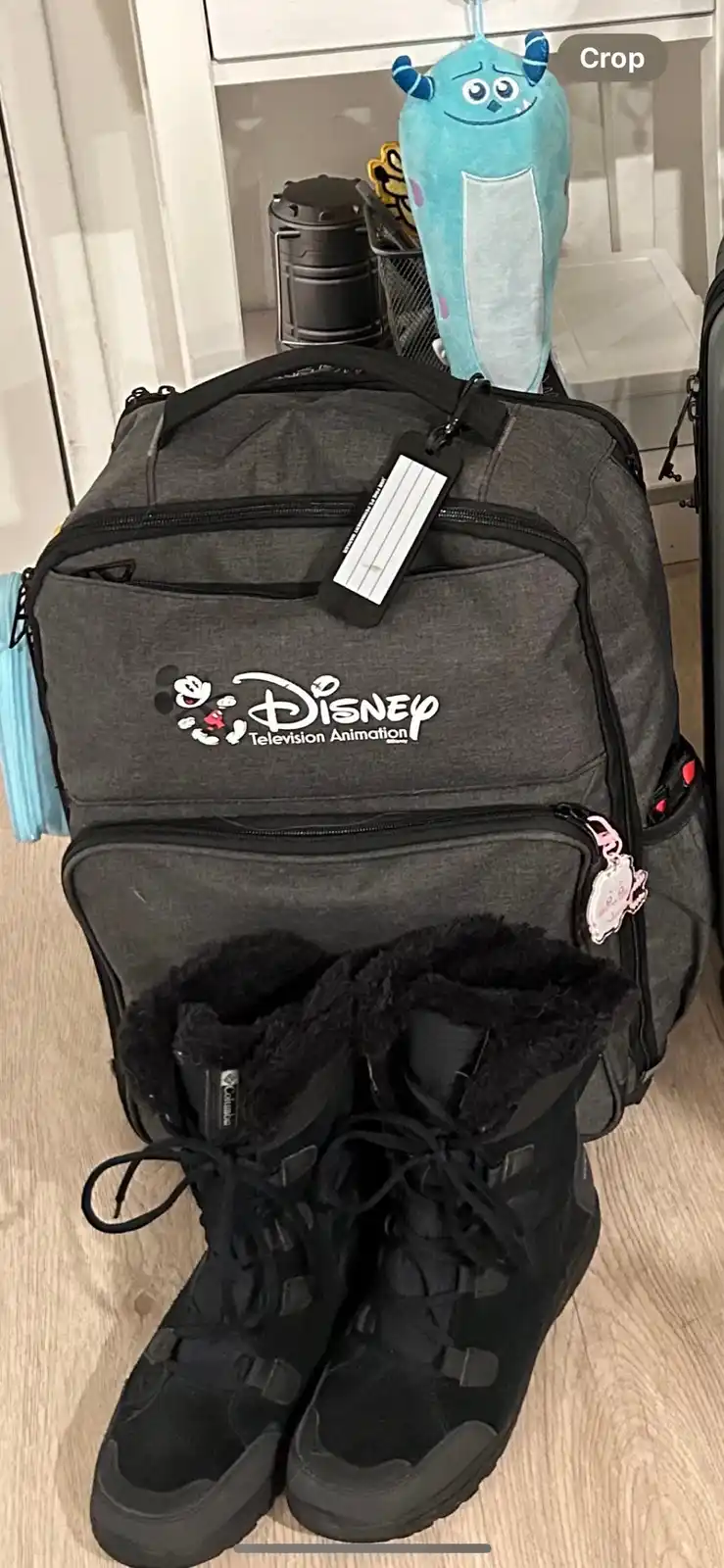 A gray duffel bag with a 'Disney Television Animation' logo sits on a wooden floor, with a pair of heavy black winter boots…