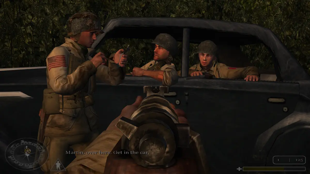 A screenshot from a WWII-era video game shows a soldier in a camouflage helmet and uniform handing a small object to another…
