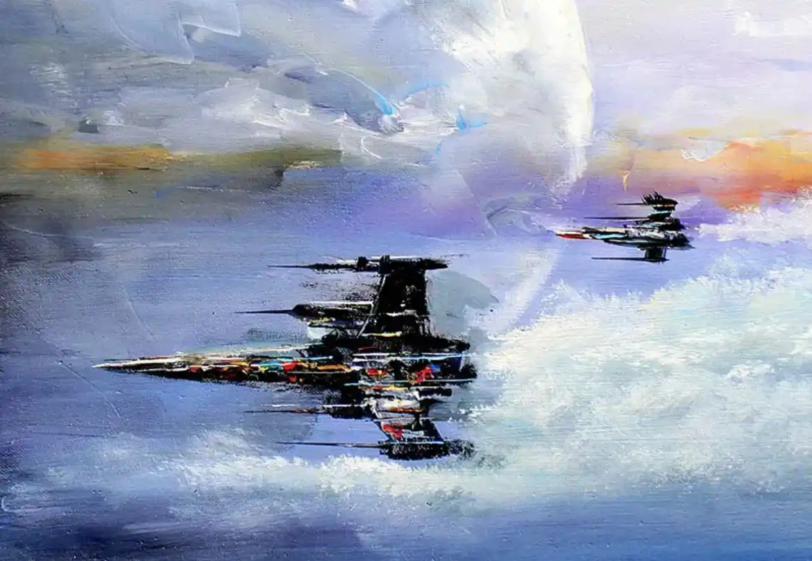 A painted artwork depicts two starfighters flying through a cloudy sky with a large planet in the background. The image has…
