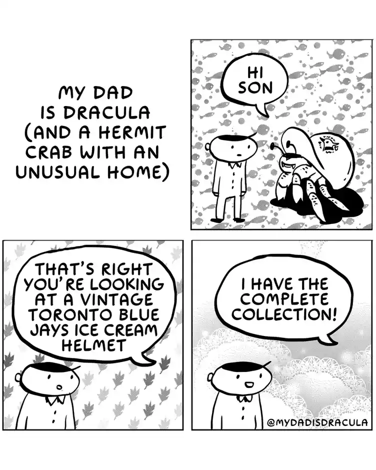 A four-panel comic strip where a hermit crab with a Dracula face on its shell greets a boy as 'hi son'. The boy then…