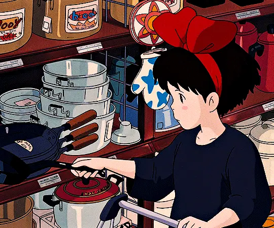A six-panel grid shows an anime girl with a red bow in her hair, standing in a kitchen aisle, repeatedly reaching for a…