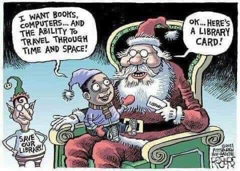 A cartoon depicts Santa Claus seated in a green armchair, holding a library card and smiling while speaking to a young child…