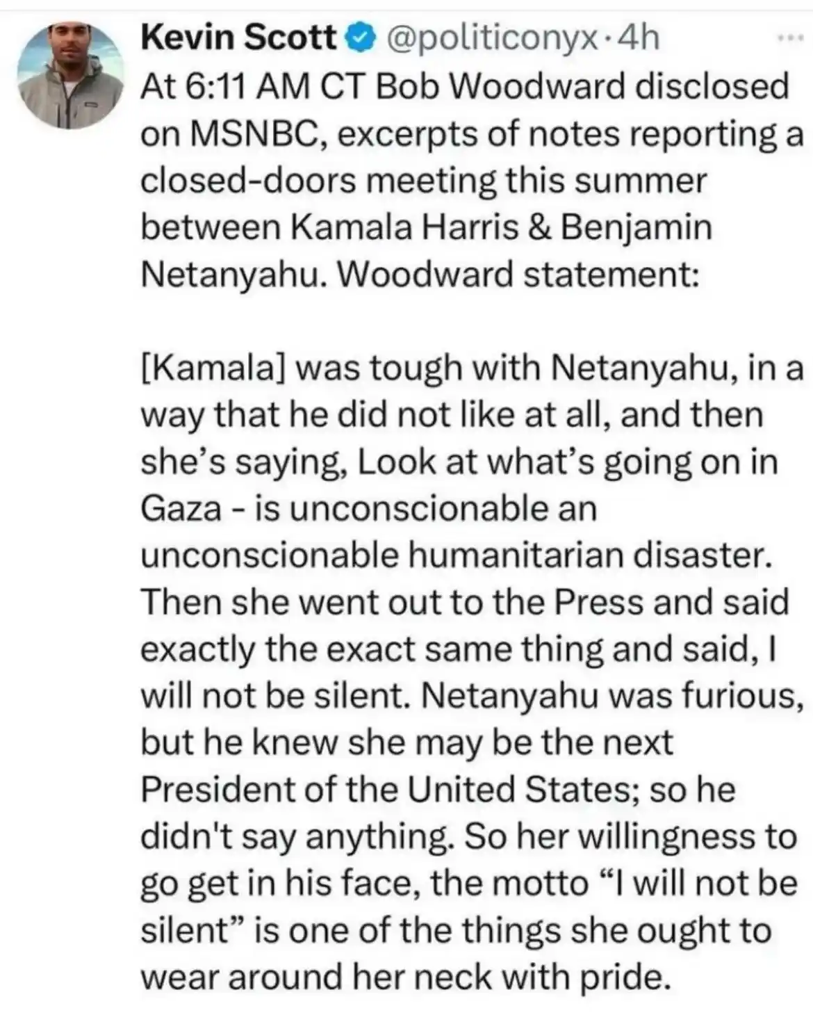 A screenshot of a tweet by Kevin Scott (@politiconyx) detailing a reported conversation between Bob Woodward and Kamala…