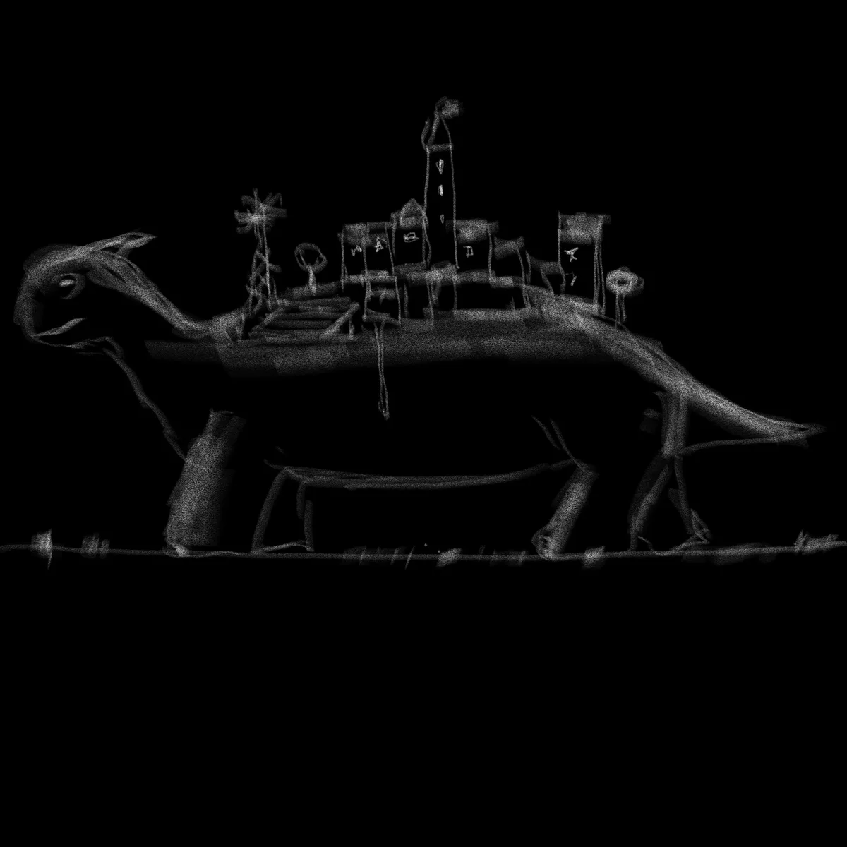 A grainy, black-and-white image shows a long, low-profile vessel shaped like a dragon, with a dragon's head at the front and…