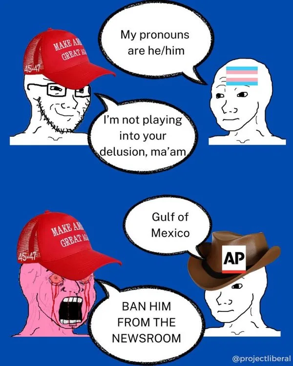 A two-panel meme featuring a man in a red 'Make America Great Again' cap. In the top panel, he tells a person with a…