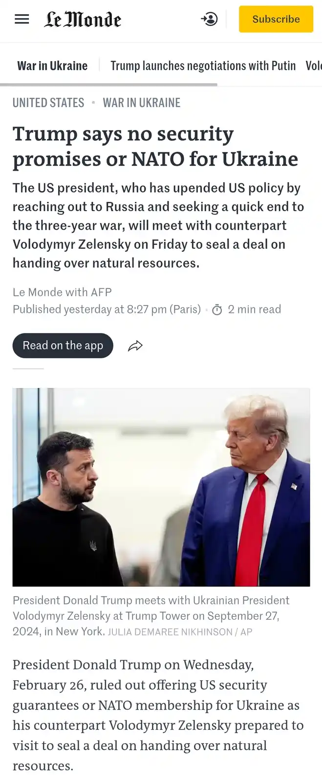 A screenshot of a Le Monde news article shows a photo of Donald Trump and Volodymyr Zelenskyy looking at each other. The…