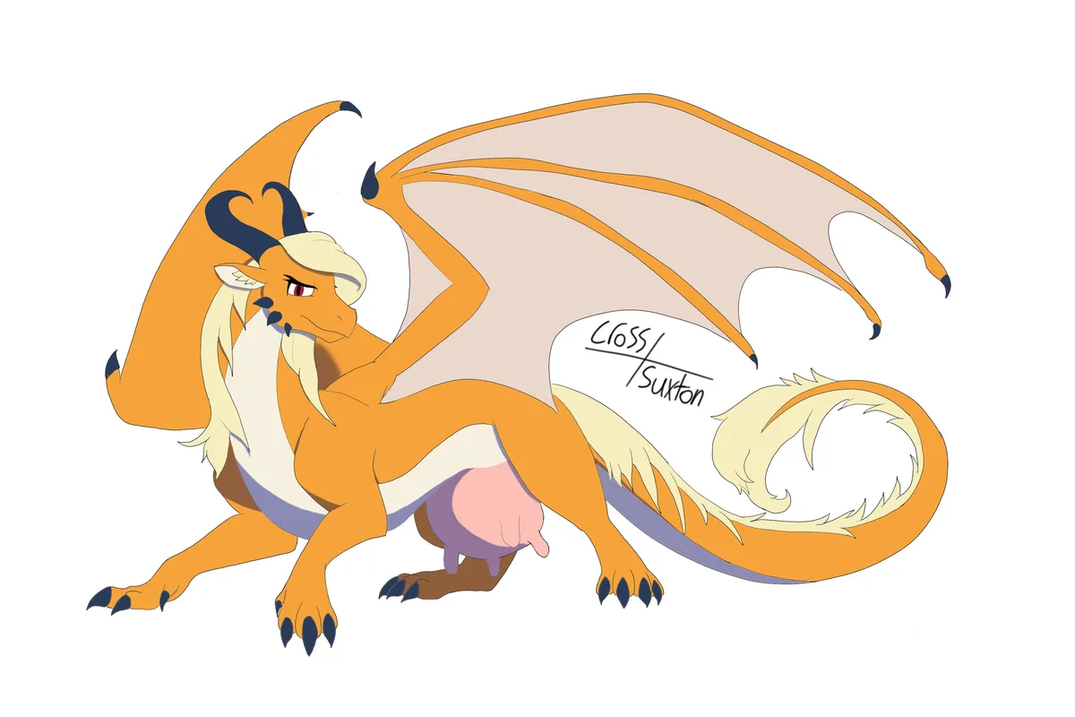 An orange dragon with blonde hair and horns is depicted in a crouching position, wearing a purple diaper and looking…