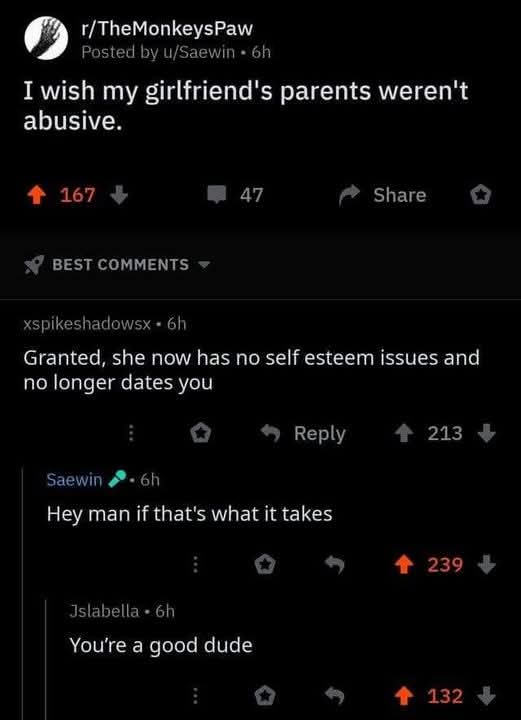 A screenshot of a Reddit post from r/TheMonkeysPaw where a user wishes their girlfriend's parents weren't abusive. The top…