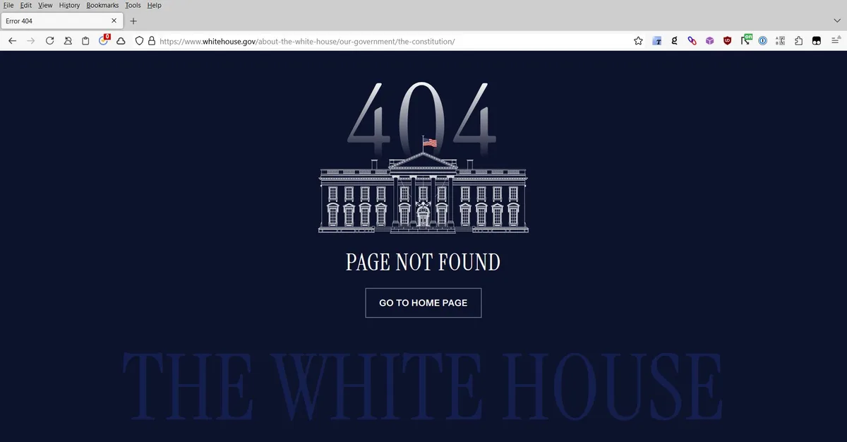 A screenshot of a web browser displaying a 404 error page from the White House website, featuring a line drawing of the…