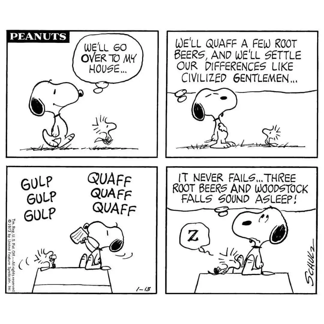 A four-panel Peanuts comic strip shows Snoopy inviting Woodstock to his house to settle their differences with root beer…