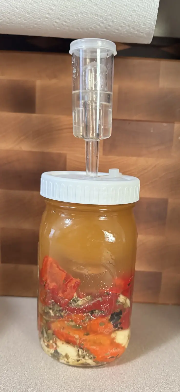 A glass mason jar filled with amber-colored liquid, containing sliced red peppers, herbs, and garlic cloves at the bottom…