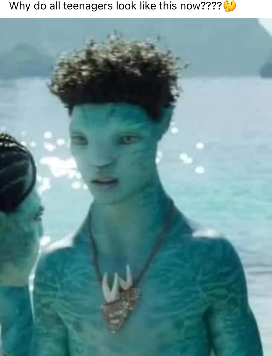A still image from the movie 'Avatar: The Last Airbender' shows a young Na'vi character with blue skin, distinct facial…