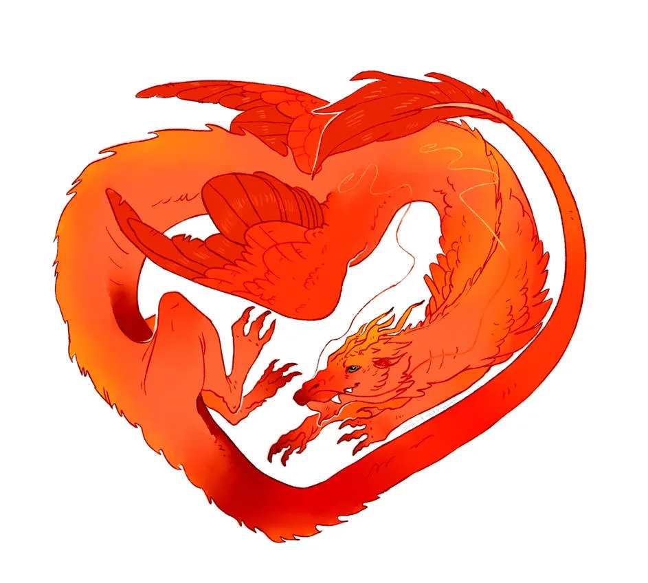 Two stylized orange-red dragons are intertwined in a heart shape, their bodies forming the outline of the heart with their…