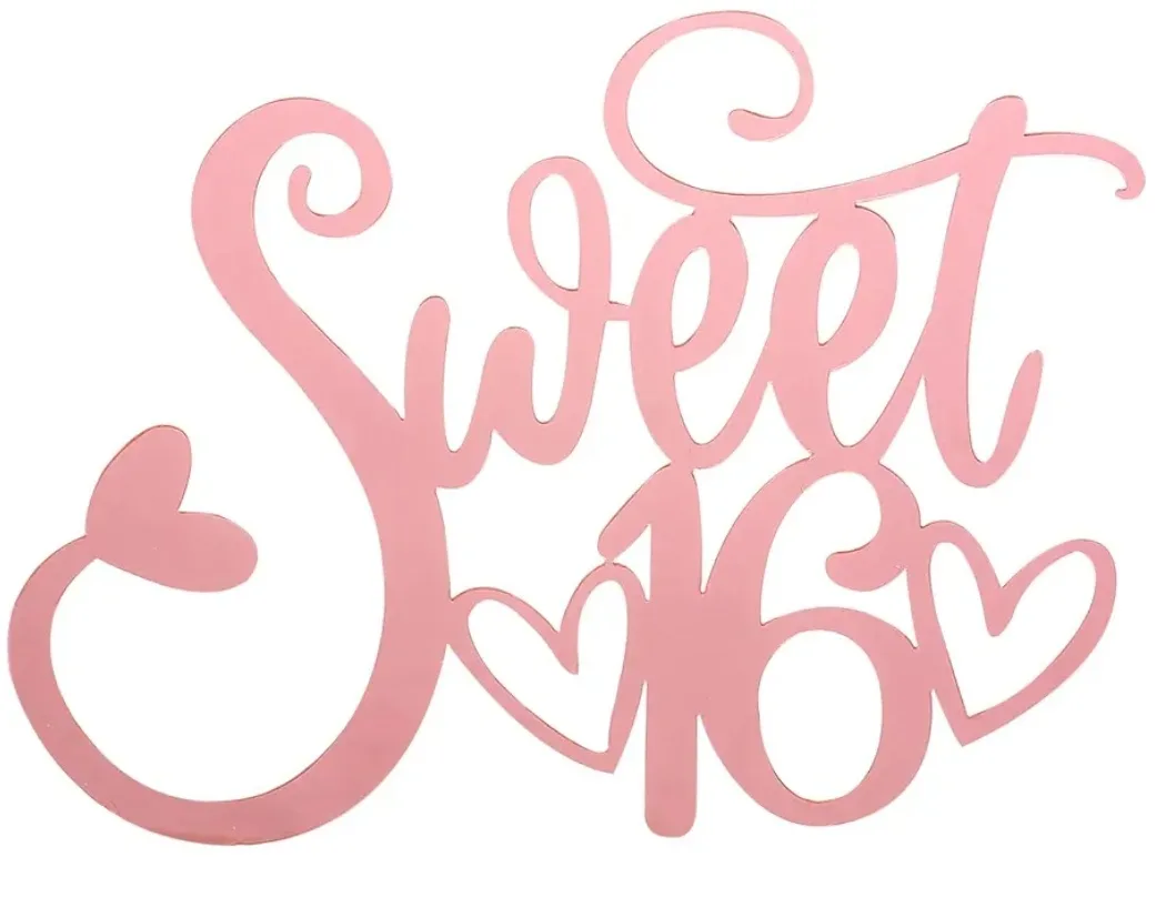 A pink, cursive-style decorative cutout with the words 'Sweet 16' in a flowing script, featuring hearts integrated into the…