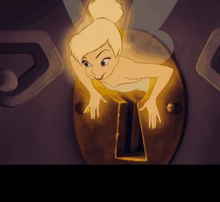 The meme shows six panels: three of Tinker Bell struggling to fit through a keyhole, and three of a sword being inserted…