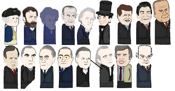 A cartoon-style illustration shows 16 caricatures of U.S. presidents arranged in two rows. The top row features early…