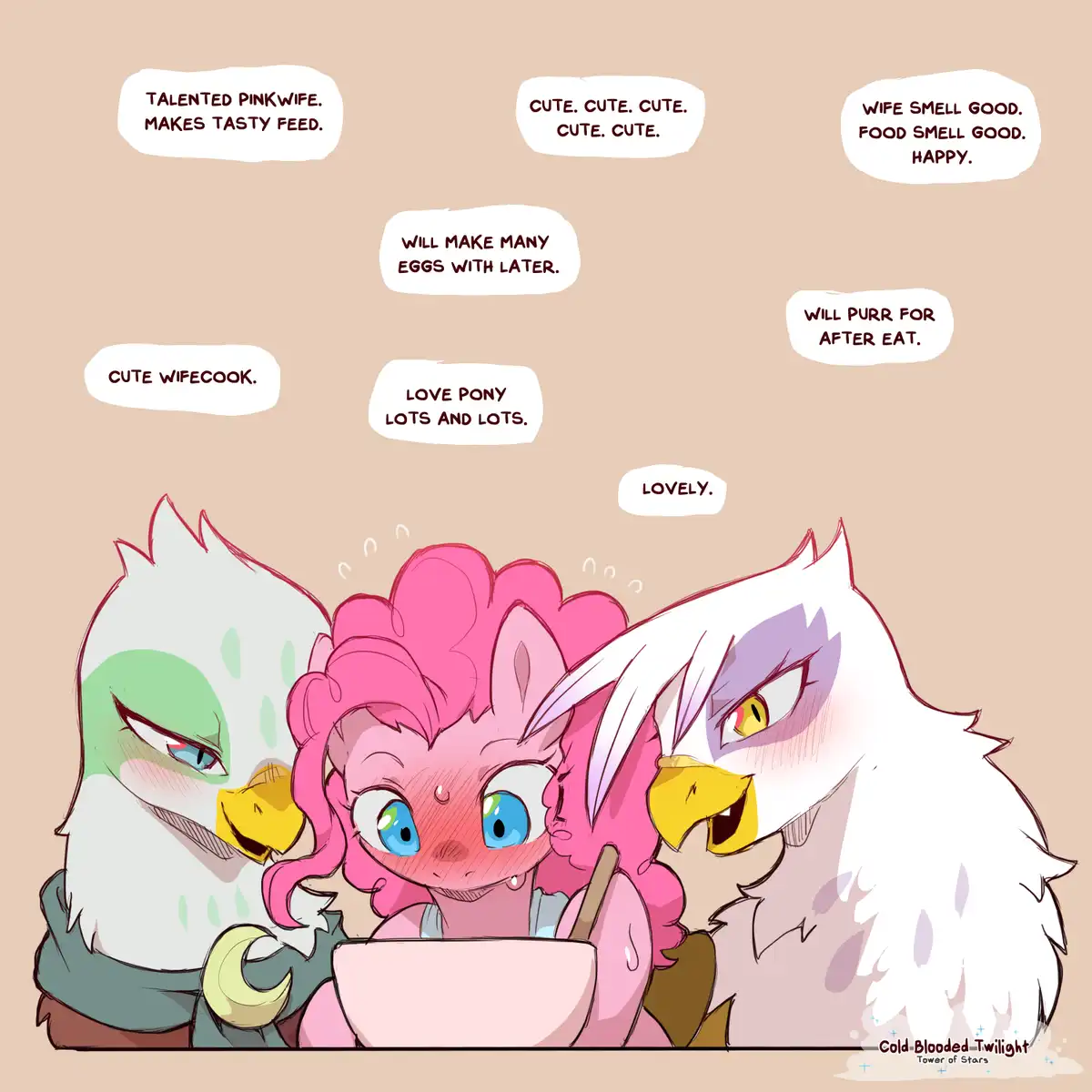 A pink pony with blue eyes sits between two large, white-feathered bird-like creatures, all looking at a bowl. Speech…