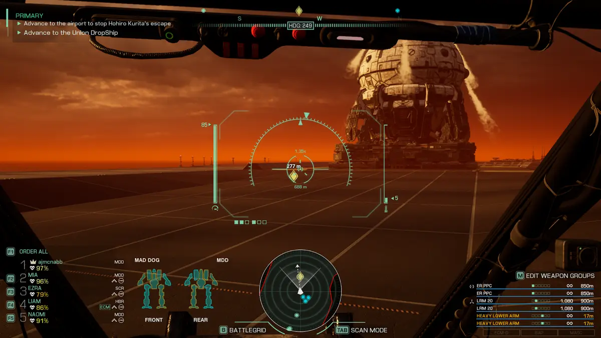 A first-person view from inside a mech cockpit in a video game, showing a targeting reticle locked onto a massive, heavily…