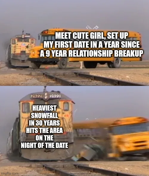 The image is a two-panel meme showing two trains on railway tracks. In the top panel, a yellow school bus is positioned…