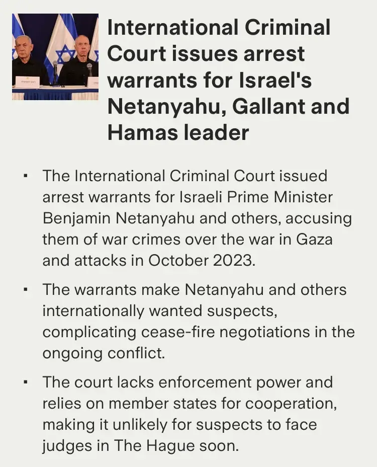 The image displays a news article with a headline stating the International Criminal Court issued arrest warrants for…