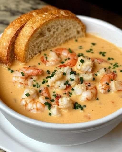 A close-up photo of a creamy orange shrimp soup in a white bowl, garnished with chopped green herbs and two slices of crusty…