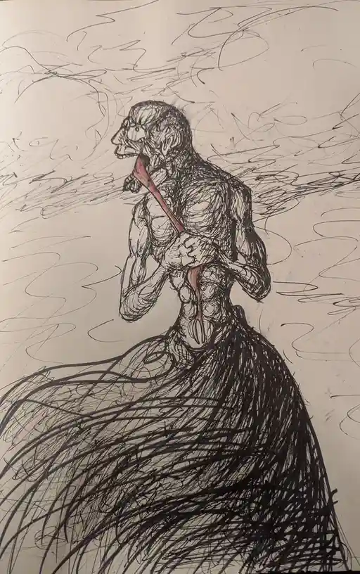 A black-and-white sketch depicts a grotesque, muscular humanoid figure with a very long, red tongue that extends from its…