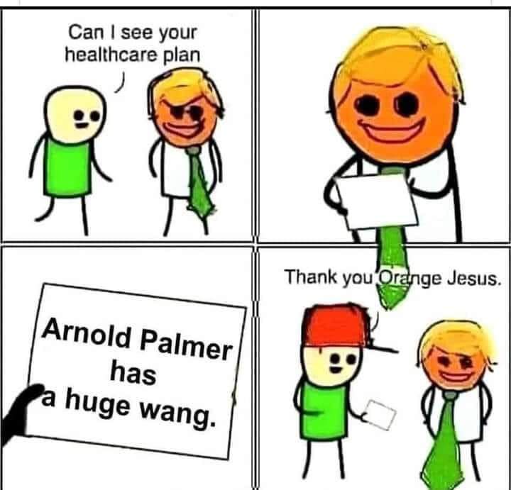 A four-panel comic shows a stick figure asking a smirking orange-haired man for his healthcare plan. The man reveals a…