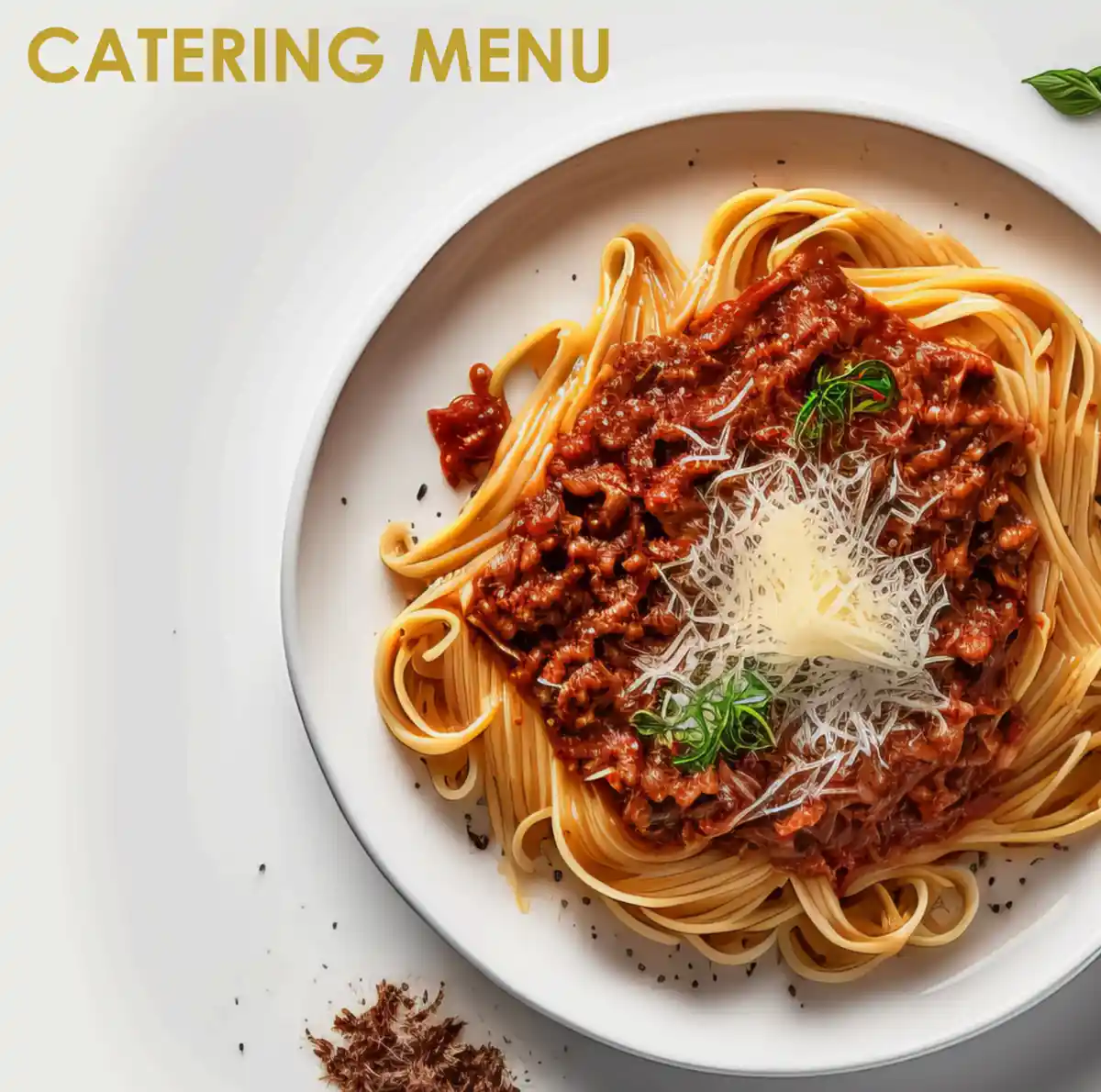 A professionally styled overhead photo of a plate of spaghetti with meat sauce, grated cheese, and basil garnish, with the…
