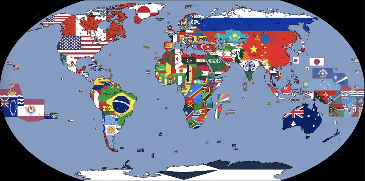 A world map where every country is replaced by its national flag, creating a colorful mosaic of international symbols. The…