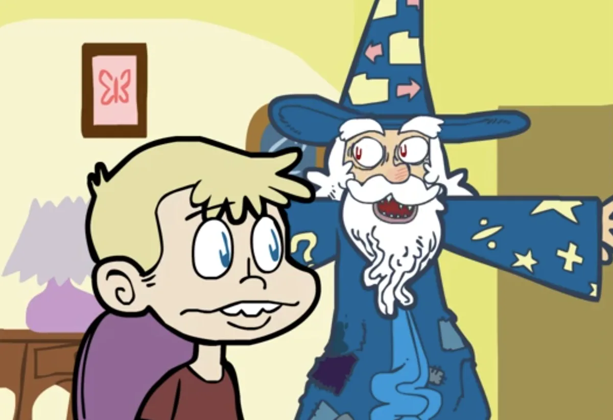 A cartoon boy with blonde hair and a surprised expression sits in a chair, facing a wizard with a blue robe, white beard…
