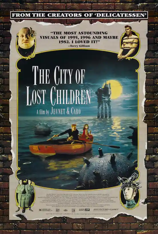 This is a movie poster for 'The City of Lost Children' featuring a man and a girl in a rowboat on water with large bombs…