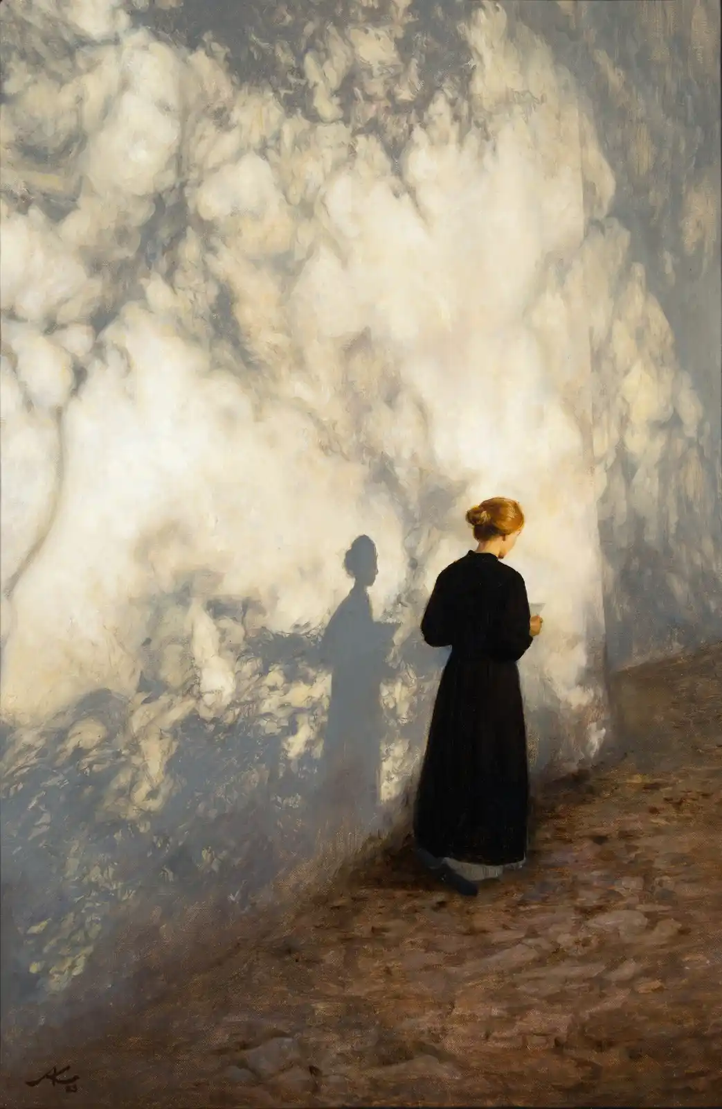 A woman in a black dress stands with her back to the viewer, looking at a wall of bright, textured light. Her shadow is cast…