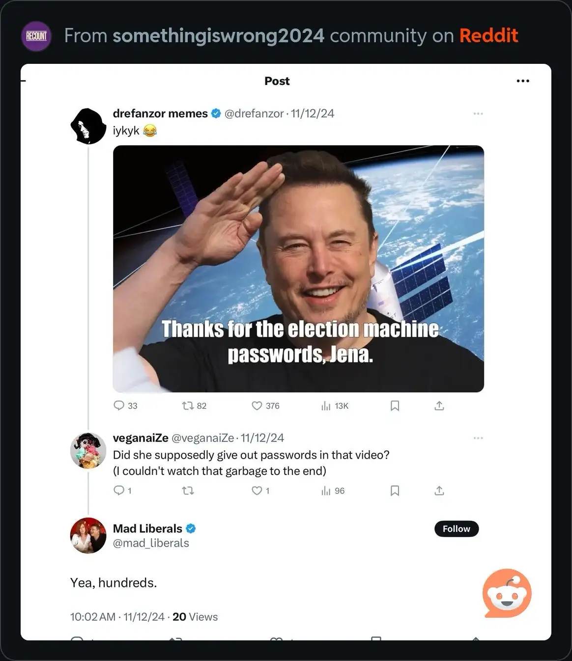 A screenshot of a Twitter post showing a photo of Elon Musk smiling and saluting in space with Earth in the background…