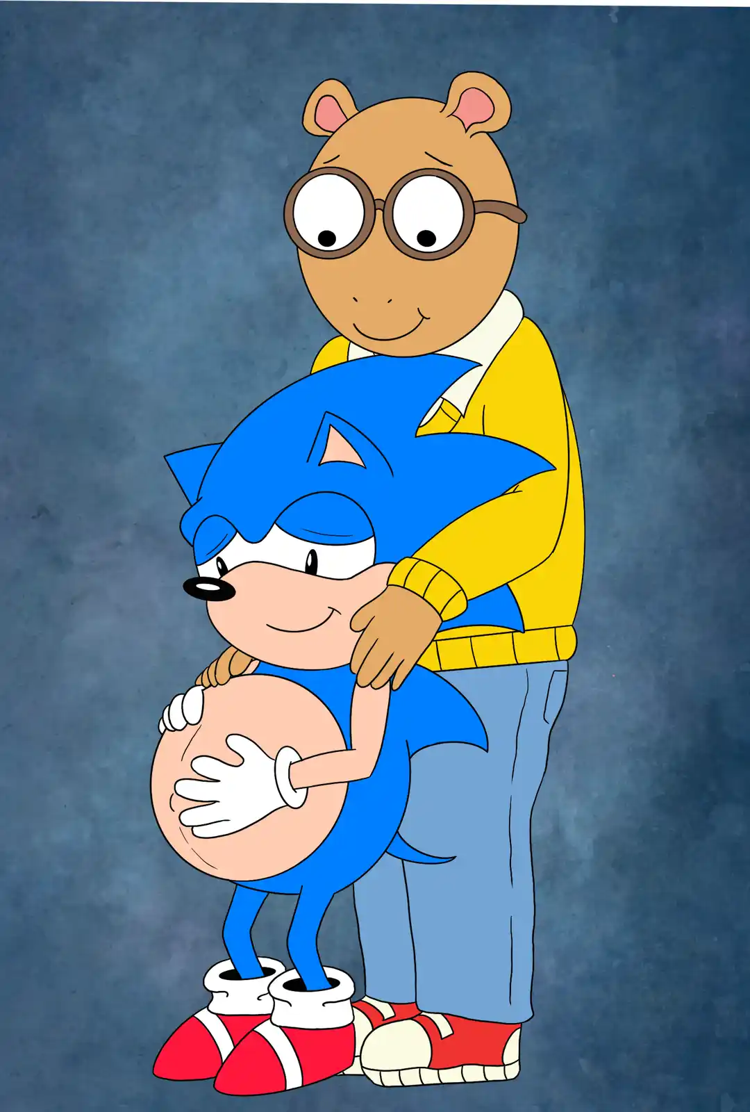 A cartoon image shows Arthur, a brown bear wearing glasses and a yellow sweater, hugging Sonic the Hedgehog from behind…
