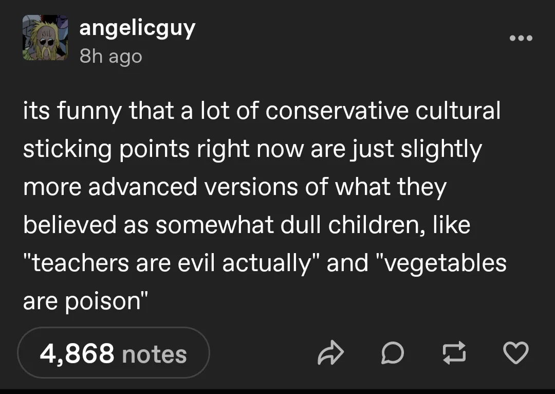 A screenshot of a Tumblr post by user 'angelicguy' from 8 hours ago, featuring white text on a dark background. The text…