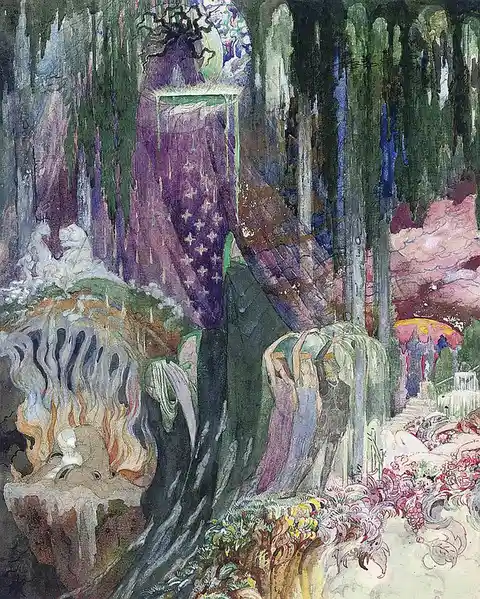 A surreal, painterly image depicts a fantastical, dreamlike landscape with cascading waterfalls, colorful flora, and…
