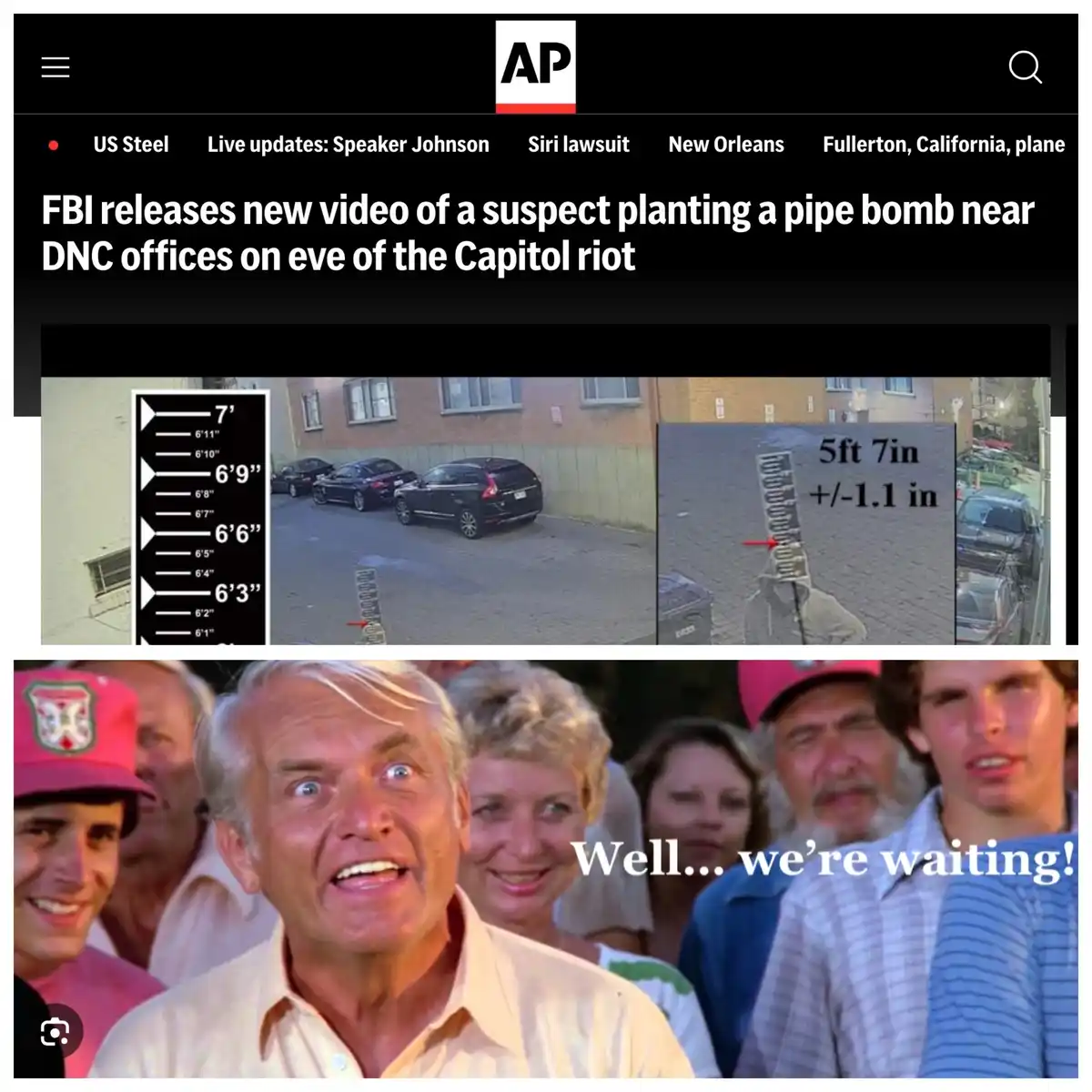 The image shows a screenshot of an AP news article about an FBI video of a suspect planting a pipe bomb, with a height chart…