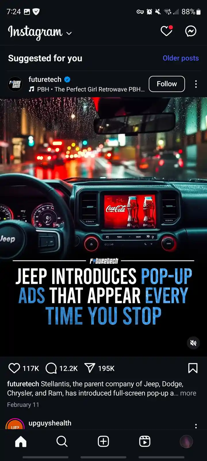A nighttime photo from inside a Jeep shows raindrops on the windshield and a digital dashboard displaying a Coca-Cola ad…