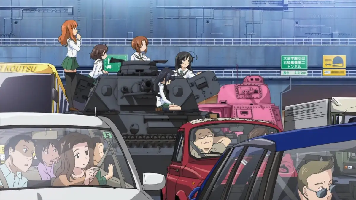 In this anime scene, several girls in school uniforms are casually sitting atop large military tanks that are stuck in a…