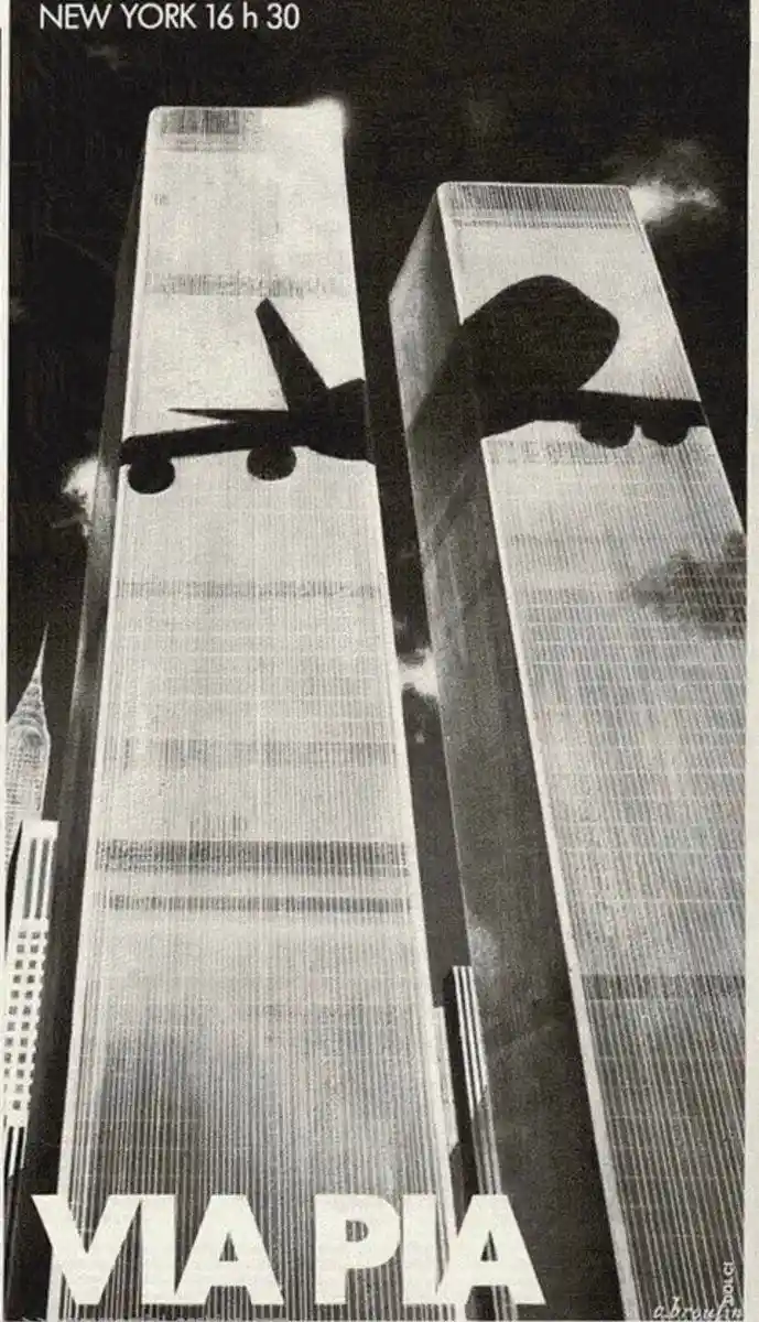 A black-and-white photograph shows two tall skyscrapers, the Twin Towers of the World Trade Center, with the silhouettes of…