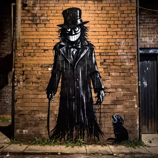 A large black graffiti mural on a brick wall depicts a tall, menacing figure in a top hat and long coat with a wide, toothy…