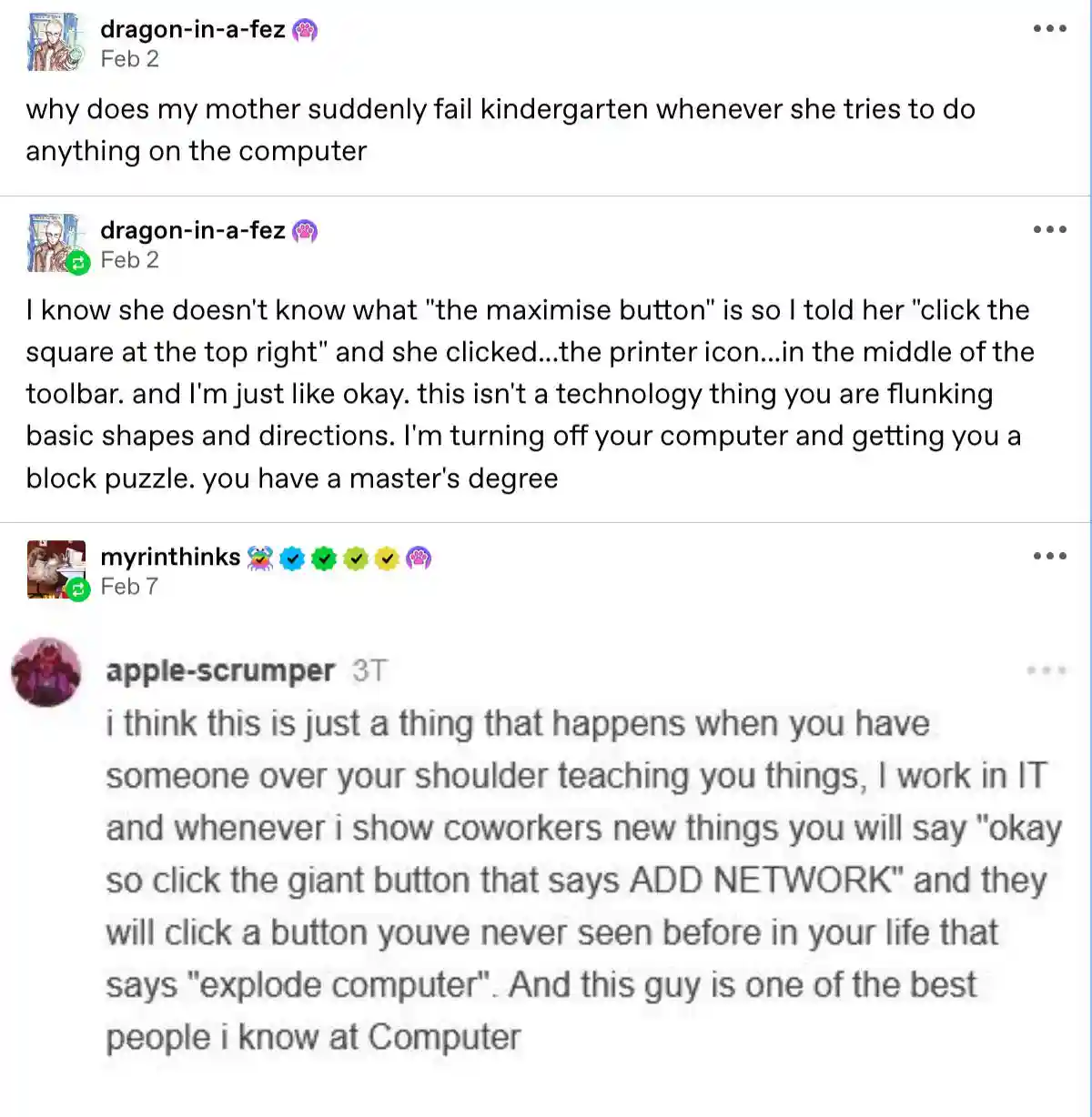 The image shows a screenshot of a social media thread with three posts. The first post asks why the poster's mother suddenly…