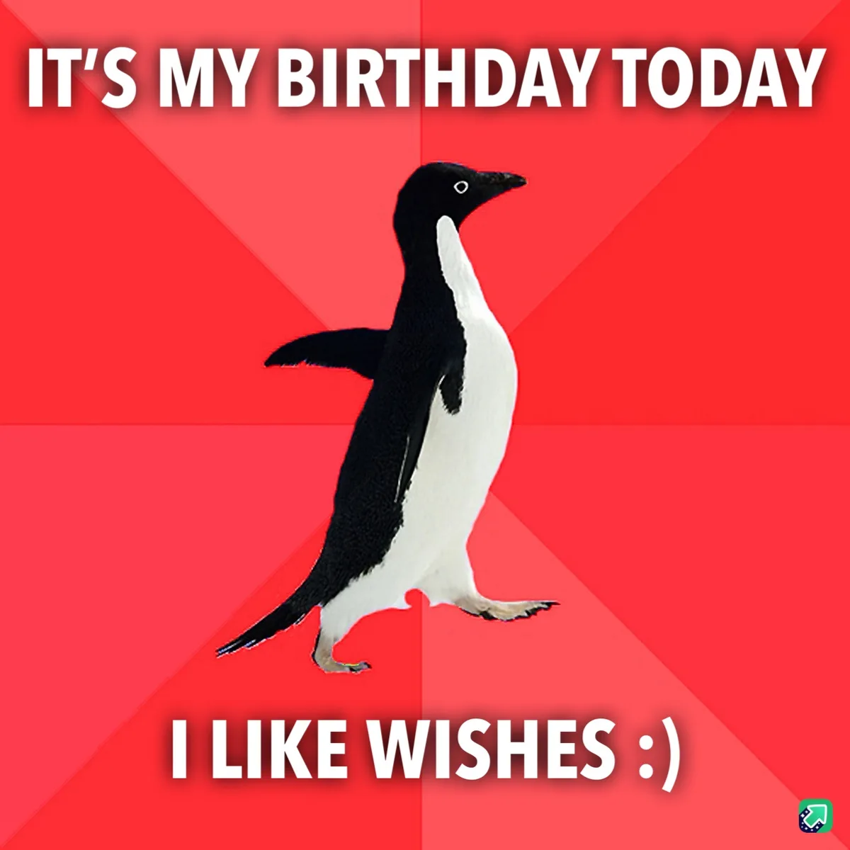 A black-and-white penguin stands centered against a red background with diagonal stripes. White bold text at the top reads…
