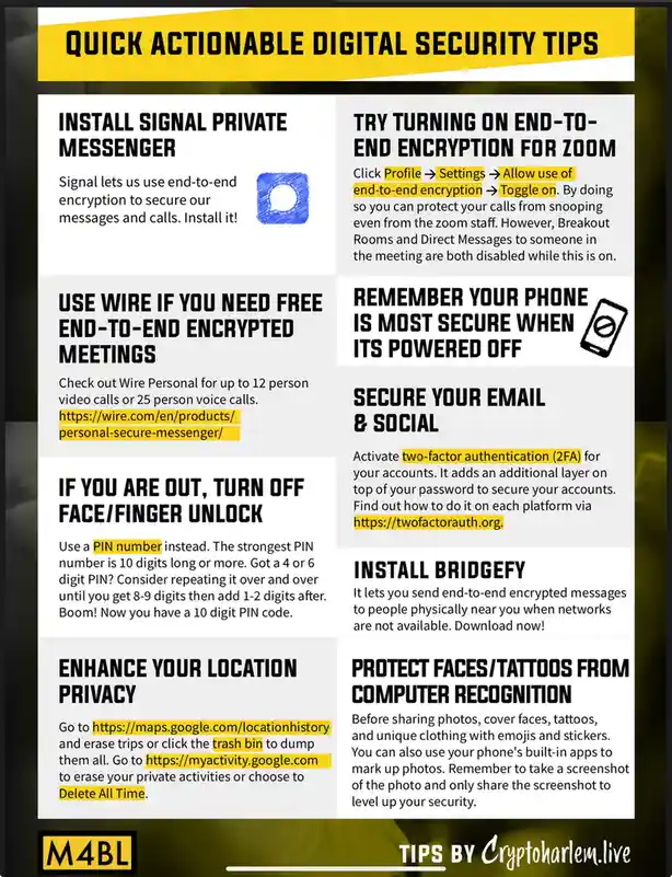 A digital security tips infographic with a yellow header and white boxes containing text and icons. It lists tips like…