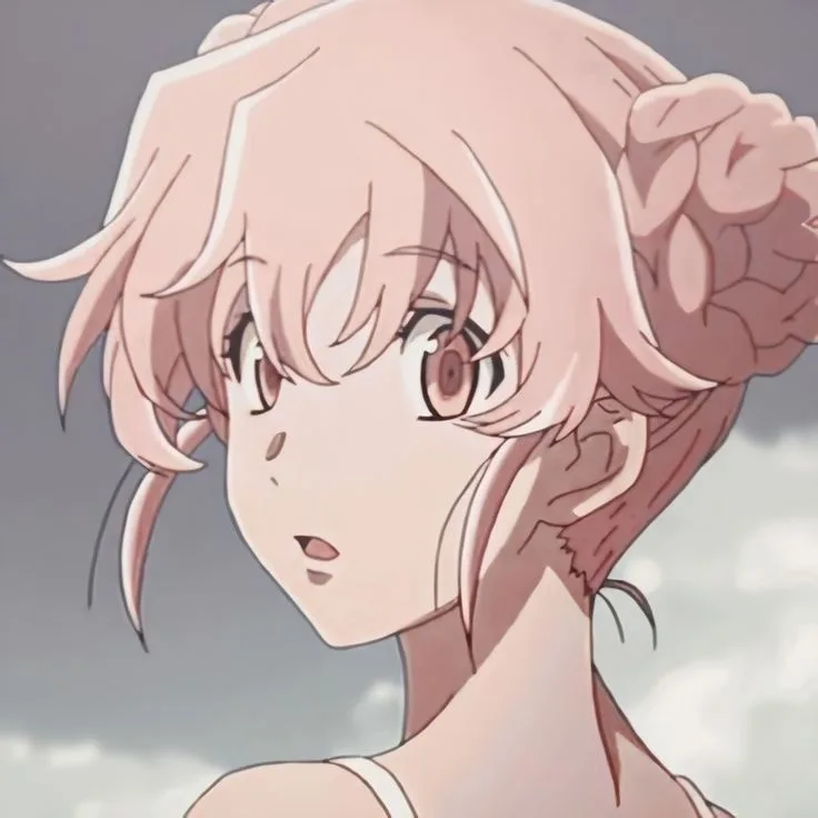 An anime girl with pink hair and a surprised expression looks over her shoulder. Her eyes are wide and she has a small tear…