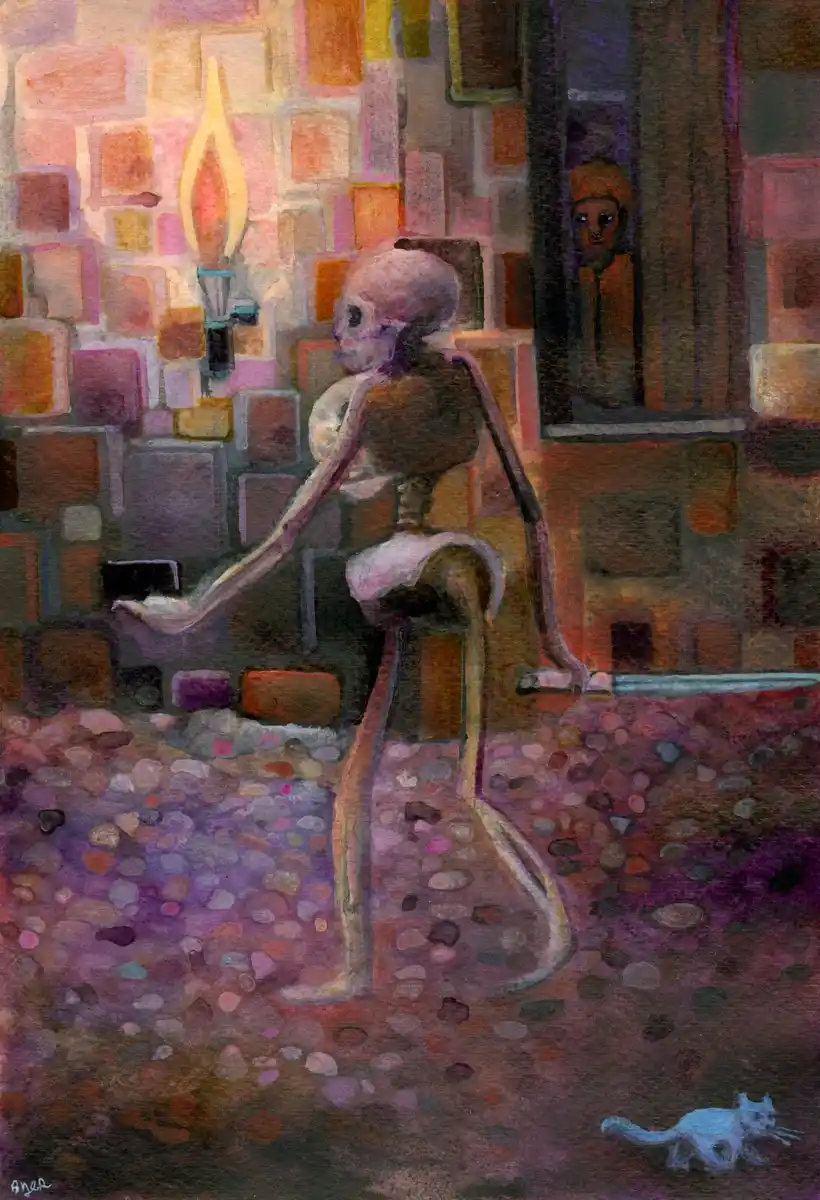 A painting depicts a skeletal figure standing in a dimly lit, colorful, abstract alleyway holding a lantern. A small white…