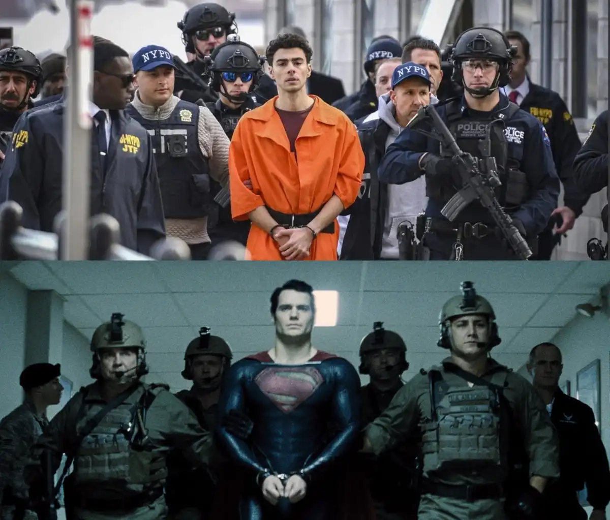 The image is split into two panels. The top panel shows a man in an orange prison jumpsuit surrounded by armed NYPD and FBI…