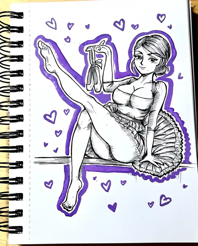 A hand-drawn illustration in a sketchbook shows a woman in a ballet outfit sitting with one leg raised, holding ballet…